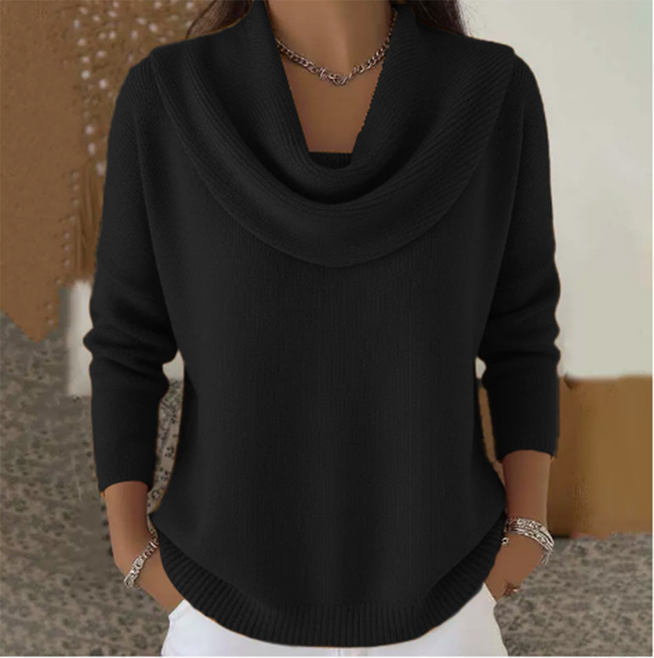 Black cowl-neck sweater with long sleeves and ribbed hem and cuffs.