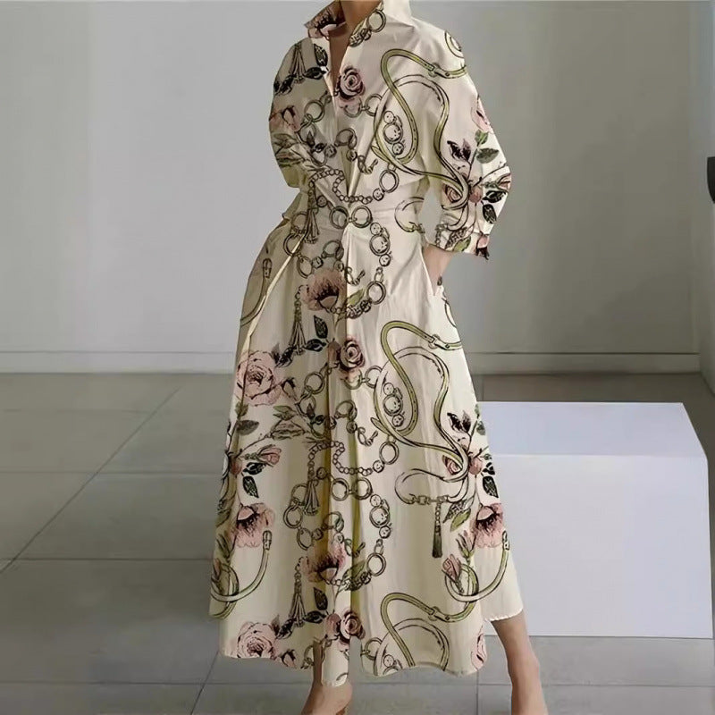 SOFER maxi dress with front wrap collar, long sleeves, chain-and-butterfly print in beige and tan