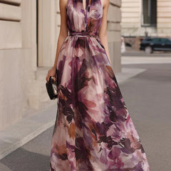 Purple floral tie-neck belted maxi dress, sleeveless with pleated skirt and high neckline