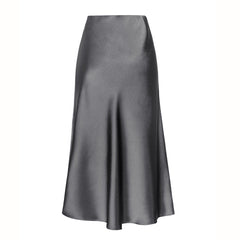 Gray high-waist side-slit midi skirt with smooth satin finish
