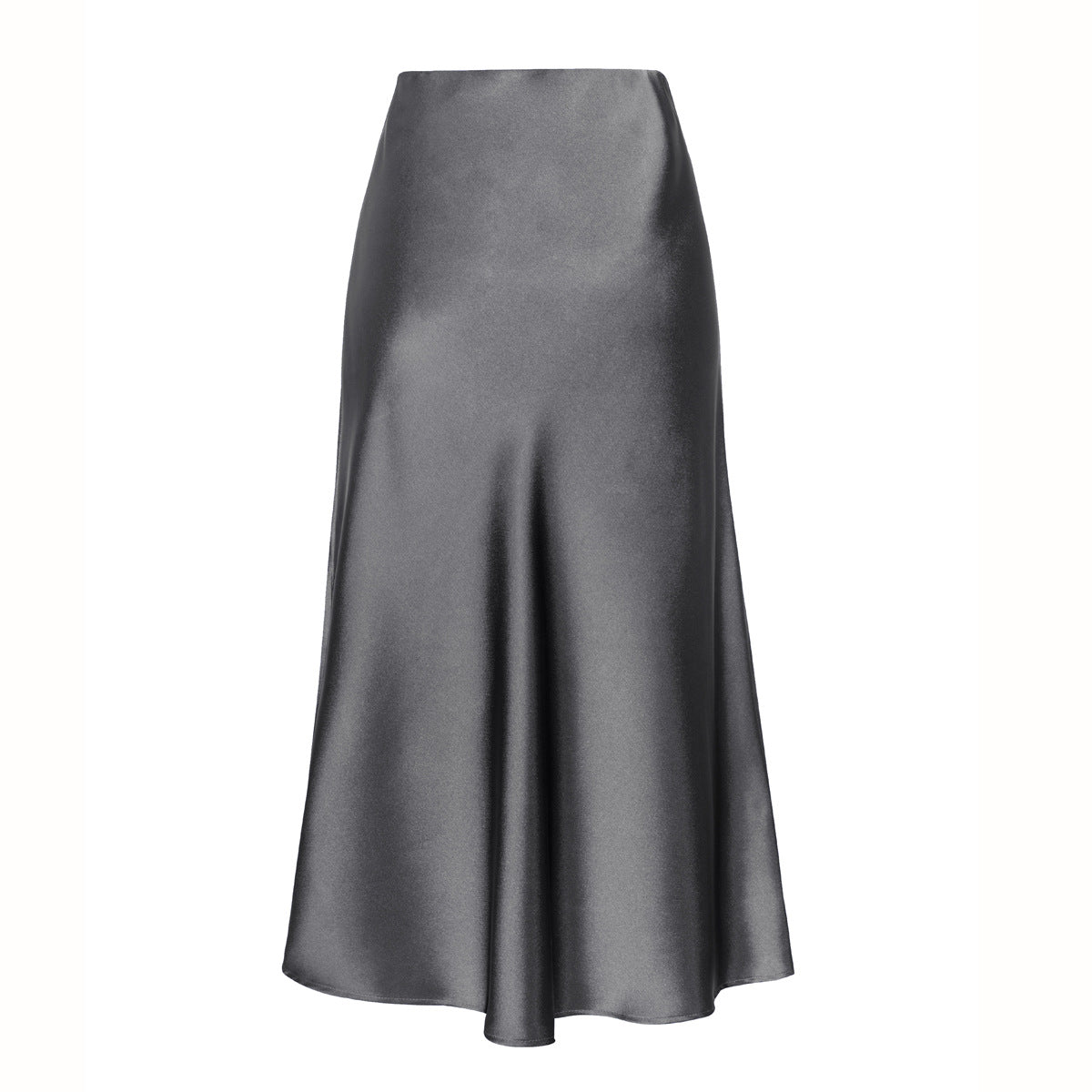 Gray high-waist side-slit midi skirt with smooth satin finish