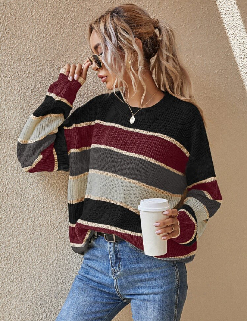 SOMIN - Comfy Striped Long Sleeve Round Neck Sweater
