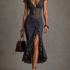 Dark gray ruched corset midi dress with layered ruffle hem and front thigh-high slit