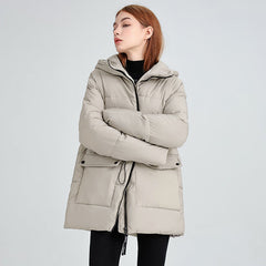 Light gray zip-up hooded puffer jacket with drawstring hem and side pockets.