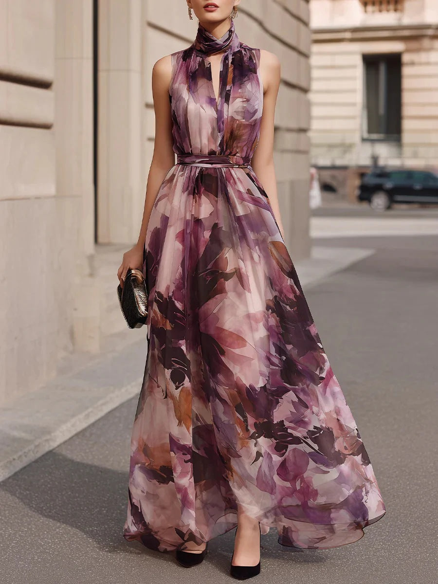 Purple floral tie-neck belted maxi dress, front view with pleated full skirt