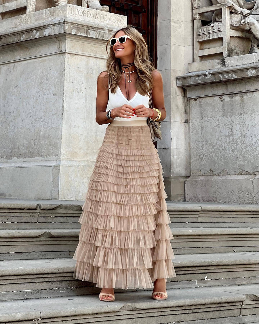 Khaki maxi layered cake skirt with tiered ruffle layers and gathered waistline