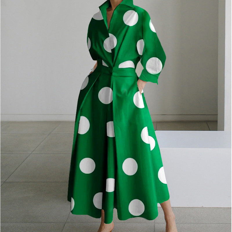 Green maxi wrap collared dress with white polka dots, three-quarter sleeves