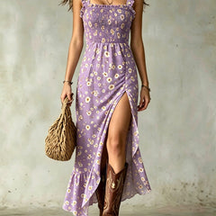 Purple ditsy floral smocked maxi dress with ruffle straps and side slit
