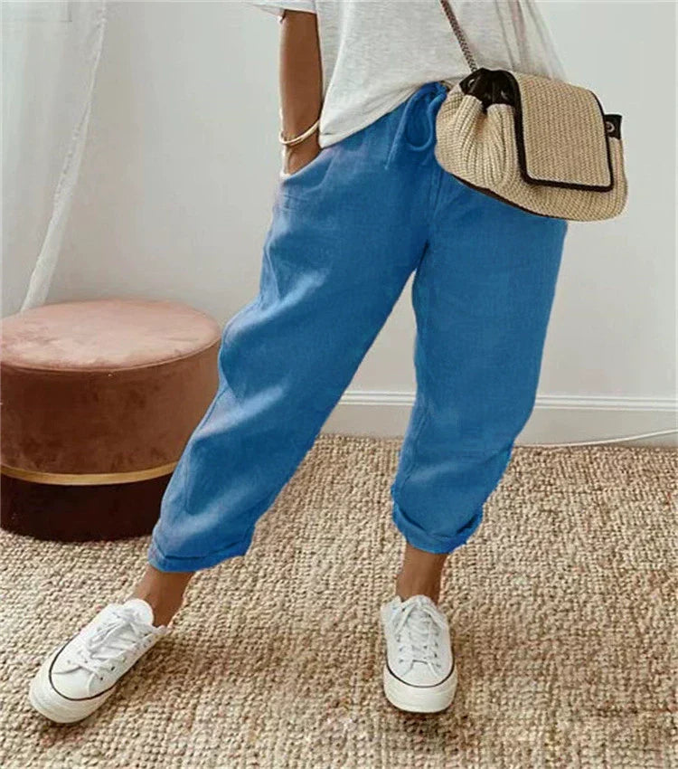Blue casual breathable trousers with elastic cuffs and relaxed fit