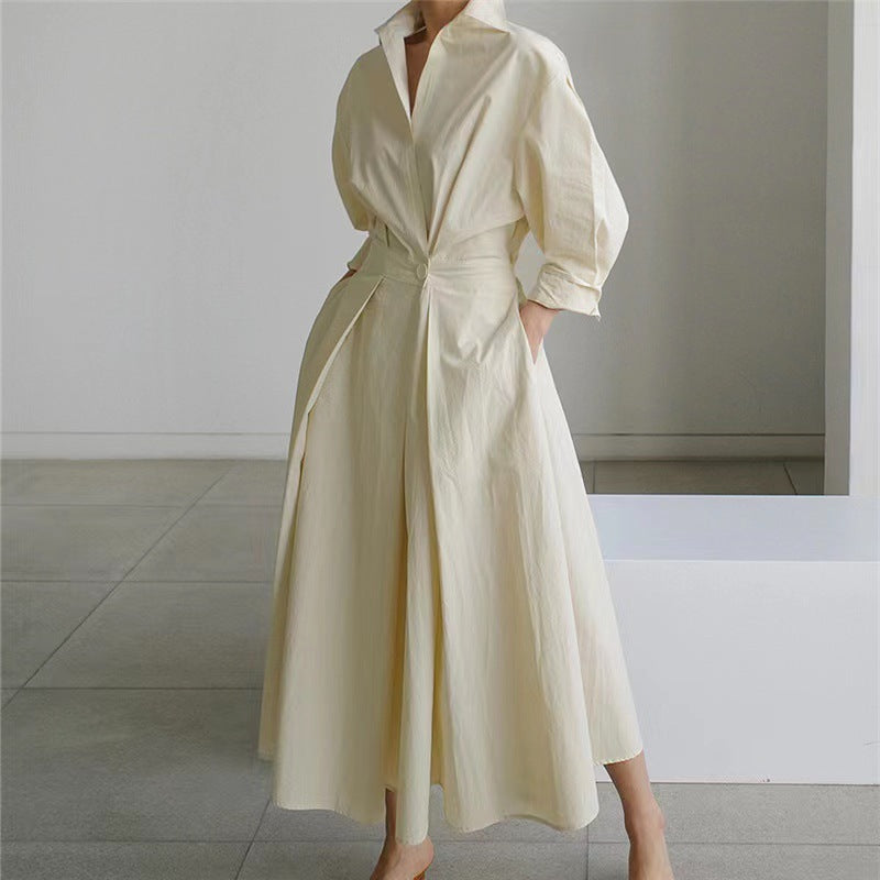Light cream maxi wrap collared dress with tie waist, three-quarter sleeves