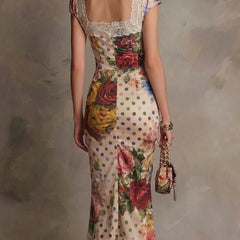 Lace-trim ruched bodycon midi dress, mixed floral and polka-dot print, open back