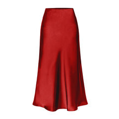 High-waist midi skirt in deep red satin with a side slit