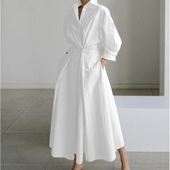 White maxi wrap collared dress with tie waist, three-quarter sleeves