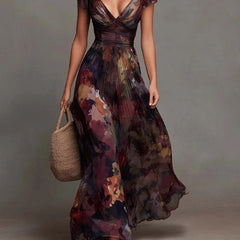 V-neck pleated maxi dress with watercolor floral print, cap sleeves, dark reddish-brown