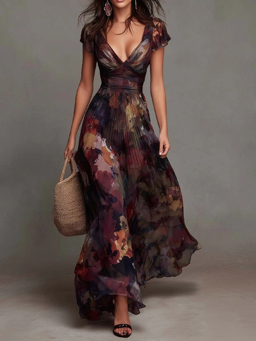 V-neck pleated maxi dress with watercolor floral print, cap sleeves, ruffled layers
