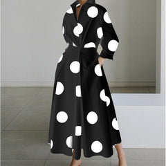 SOFER maxi dress with front wrap collar, long sleeves, black with large white polka dots