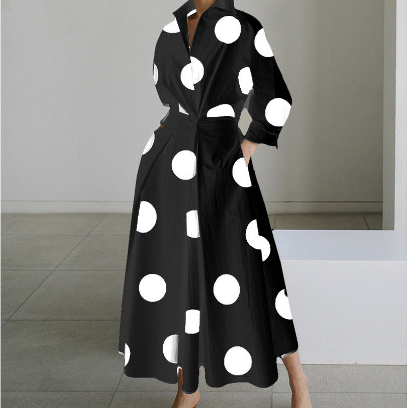 SOFER maxi dress with front wrap collar, long sleeves, black with large white polka dots
