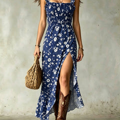 Blue ditsy floral smocked maxi dress with ruffle straps and front slit