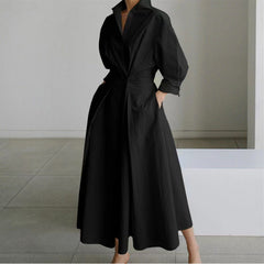 SOFER maxi dress with front wrap collar, long sleeves, solid black