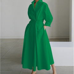 SOFER maxi dress with front wrap collar, long sleeves, solid green belted waist