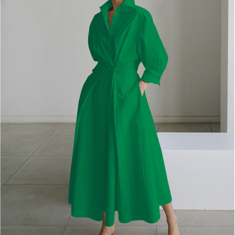 SOFER maxi dress with front wrap collar, long sleeves, solid green belted waist