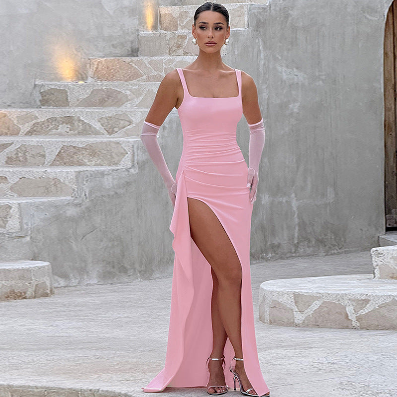 Pink maxi slip dress with square neckline and thigh-high front slit