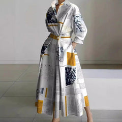 SOFER maxi dress with front wrap collar, long sleeves, abstract print in dark and yellow accents