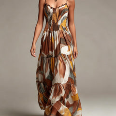 Abstract print smocked tiered maxi dress with scalloped neckline and spaghetti straps