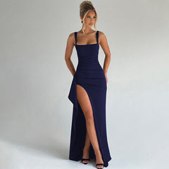 Navy blue sleeveless square-neck maxi slip dress with ruched bodice and high front slit