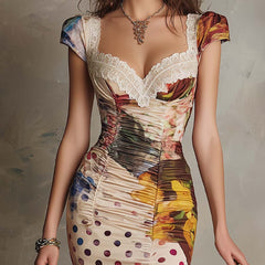 Lace-trim ruched midi bodycon dress, mixed floral and polka-dot print, sweetheart neckline