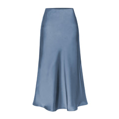 Blue high-waist side-slit midi skirt with smooth satin finish