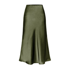 High-waist midi skirt in olive green satin with a side slit