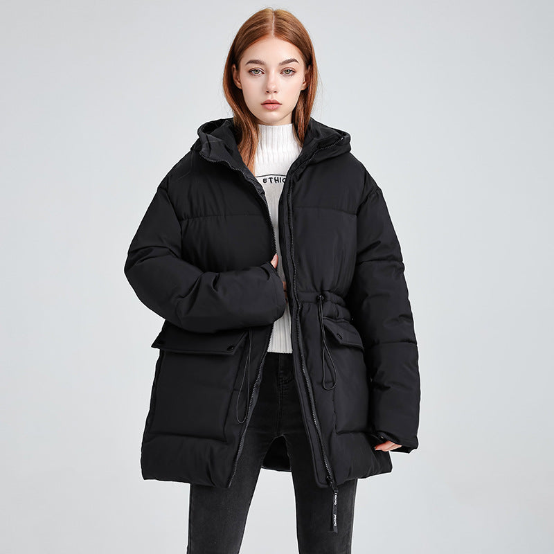 Black zip-up hooded puffer jacket with front pockets and padded collar.