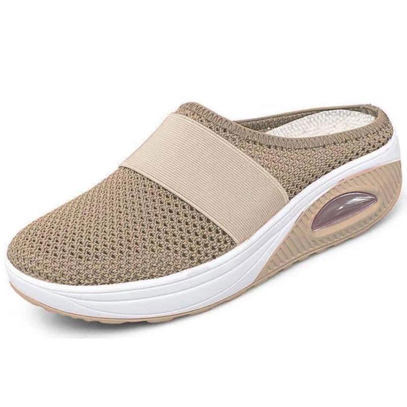 Breathable orthopaedic slip-on mules, beige knit upper with wide strap, cushioned air sole