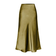 High-waist midi skirt in khaki satin with a side slit