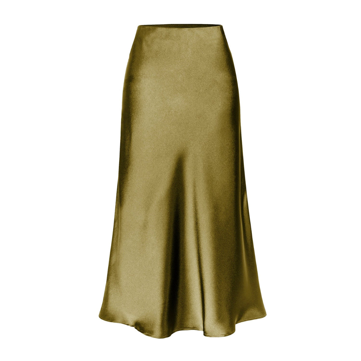 High-waist midi skirt in khaki satin with a side slit