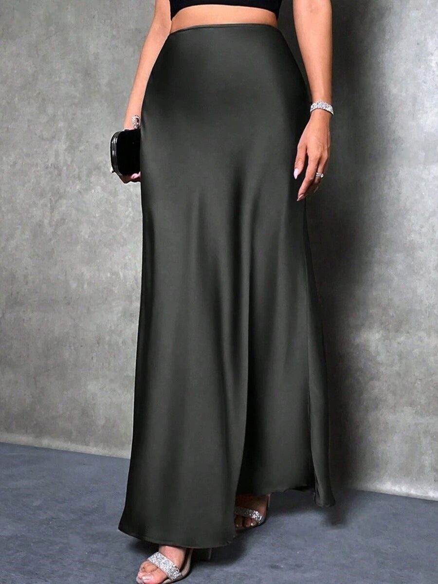 Satin high-waist skirt, black with flowing A-line hem and ankle length
