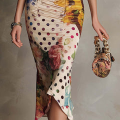 Ruched midi bodycon dress with mixed floral and polka-dot print, asymmetrical hem