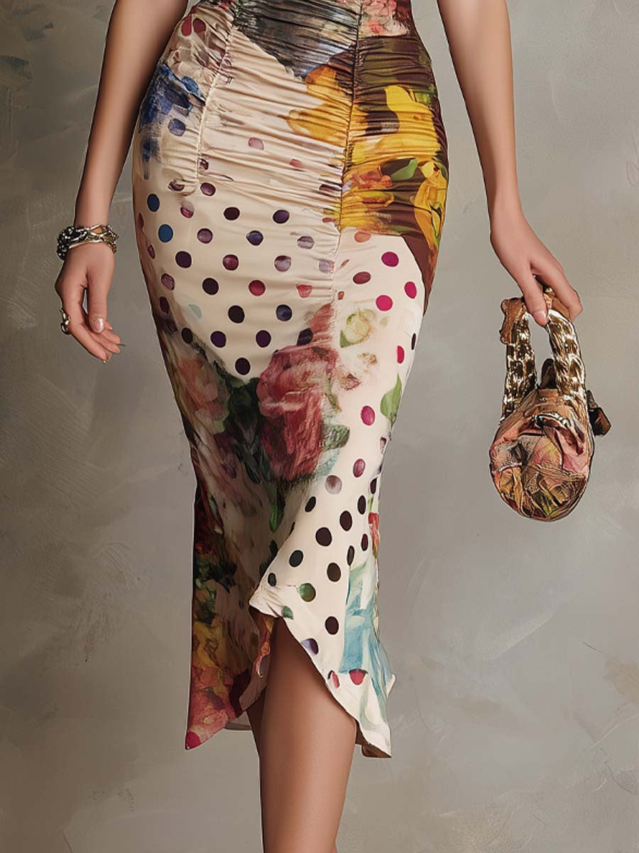 Ruched midi bodycon dress with mixed floral and polka-dot print, asymmetrical hem