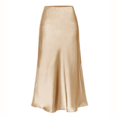 Khaki high-waist side-slit midi skirt with smooth satin finish