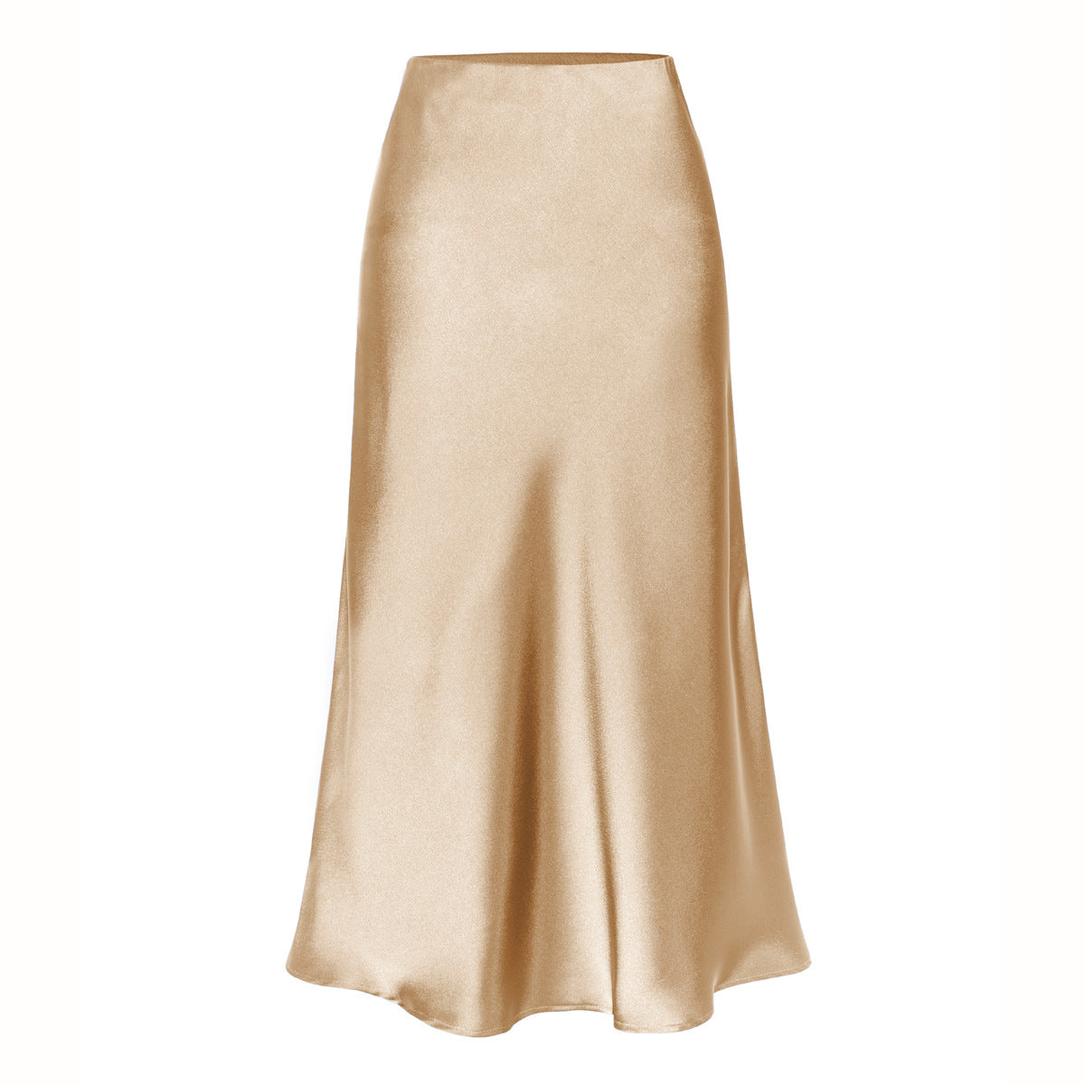 Khaki high-waist side-slit midi skirt with smooth satin finish