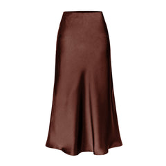 High-waist midi skirt in dark brown satin with a side slit