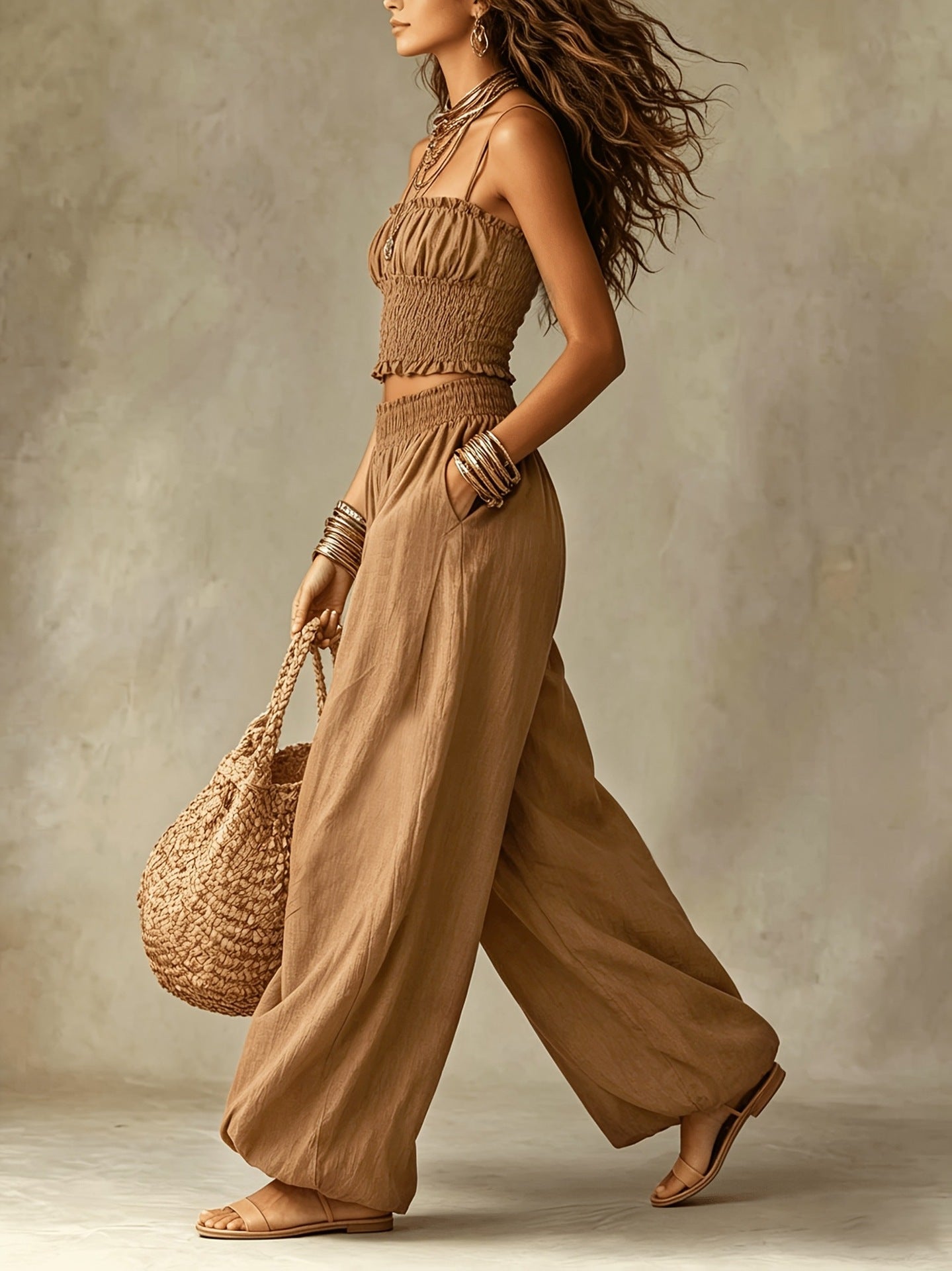 Smocked crop top and wide-leg pants set in khaki, sleeveless gathered bodice and flowy legs.