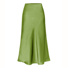 Green high-waist side-slit midi skirt with smooth satin finish