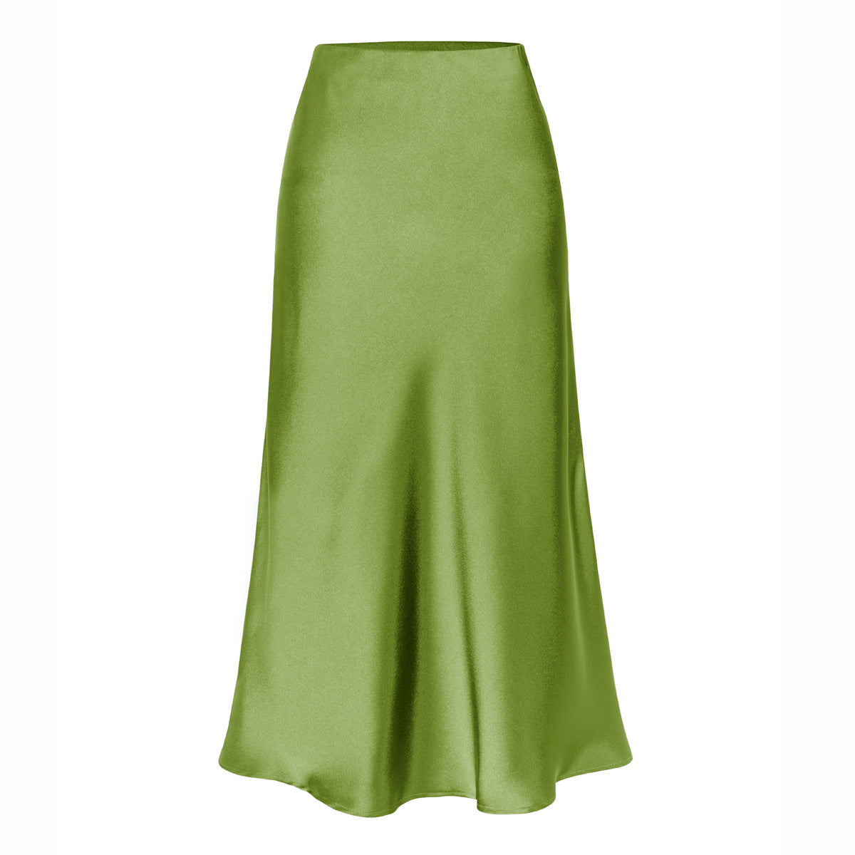 Green high-waist side-slit midi skirt with smooth satin finish