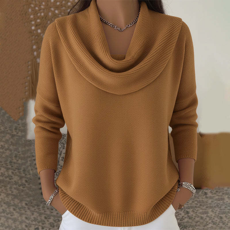 Brown cowl-neck sweater with long sleeves and ribbed hem and cuffs.