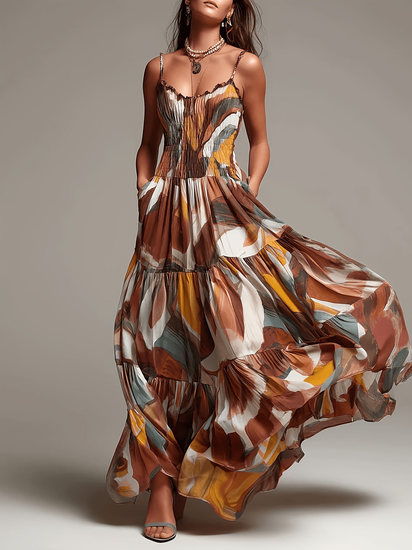 Abstract print smocked tiered maxi dress with spaghetti straps, flowing ruffle skirt