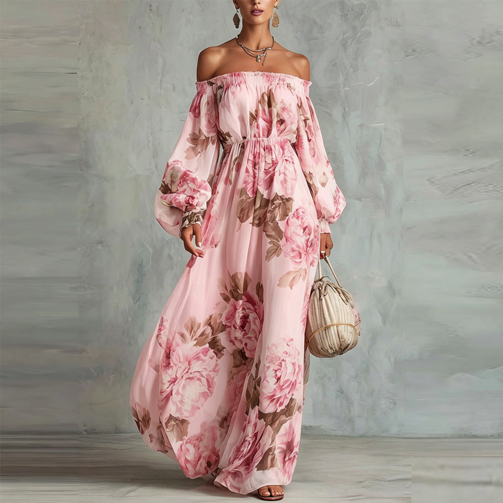 Pink off-shoulder floral maxi dress with long puff sleeves and smocked bodice