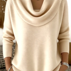 Cowl neck knit sweater in cream with long sleeves and ribbed hem and cuffs