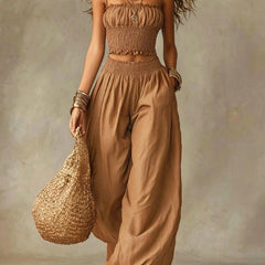 Smocked crop top and wide-leg pants set in khaki, sleeveless ruched top and wide balloon pants.